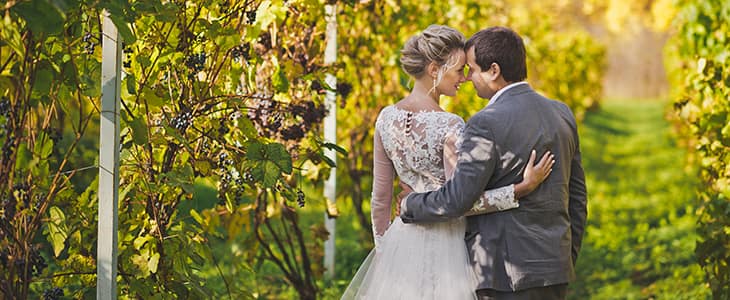 a bride and a groom in a vineyard